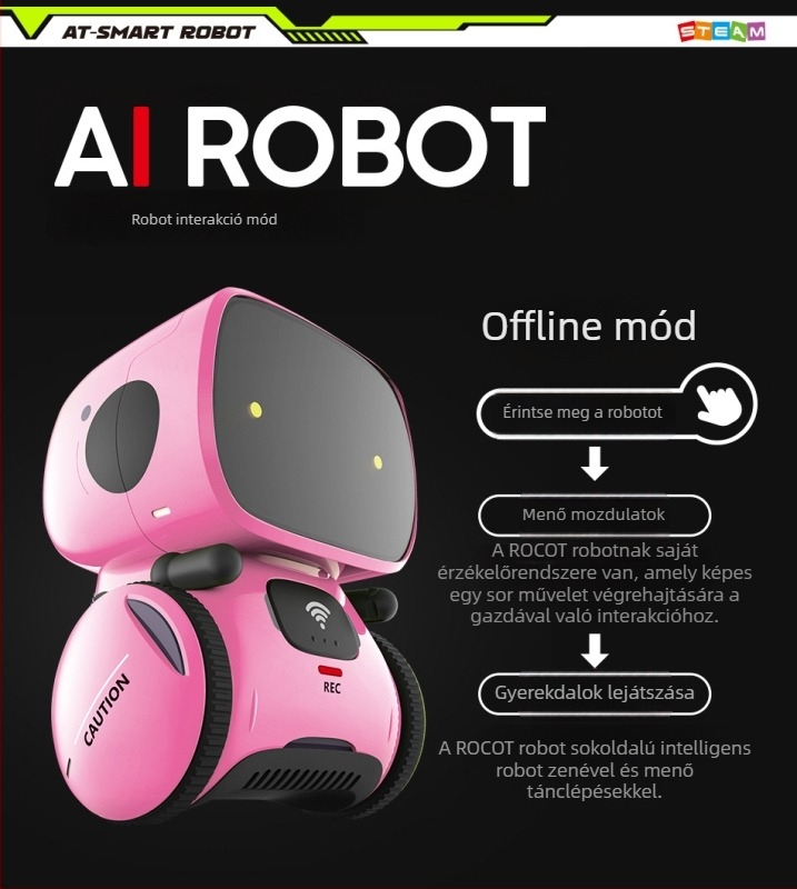 AI párbeszédrobot korai neveléshez — oktatási történet- és tánc gép, távvezérlő, hangfelismerés, zene/felvétel, érintésre válaszoló