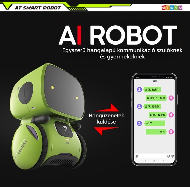 AI párbeszédrobot korai neveléshez — oktatási történet- és tánc gép, távvezérlő, hangfelismerés, zene/felvétel, érintésre válaszoló