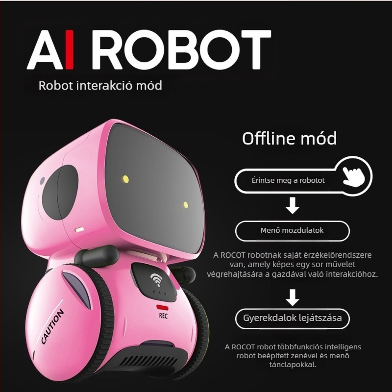 AI párbeszédrobot korai neveléshez — oktatási történet- és tánc gép, távvezérlő, hangfelismerés, zene/felvétel, érintésre válaszoló