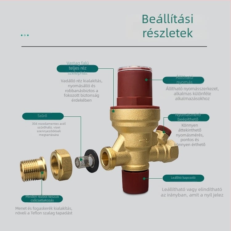 Vizuális beállítású automata víz utánpótló szelep központi klímaberendezéshez és padlófűtéshez, réz/rez-ötvözet test, DN15, külső/belső menet, hidraulikus működtetés, egyirányú áramlás