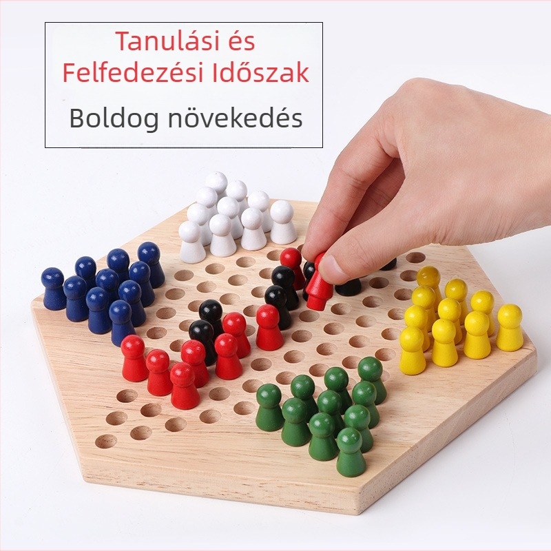 Hatszögletű fából készült dámajáték gyerekeknek, klasszikus társasjáték, 4–14 éveseknek