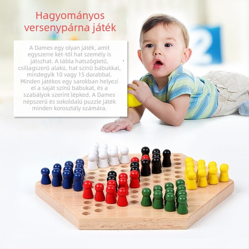 Hatszögletű fából készült dámajáték gyerekeknek, klasszikus társasjáték, 4–14 éveseknek