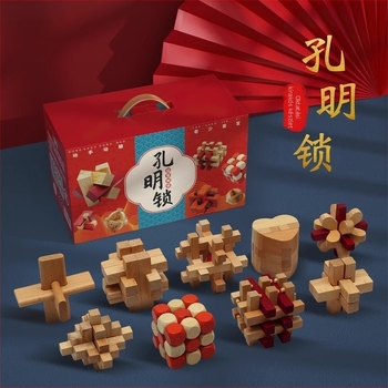 Fából készített Kongming/Luban zár-puzzle készlet, testreszabható a vázlatok szerint, 15–35 éveseknek, dobozba csomagolva