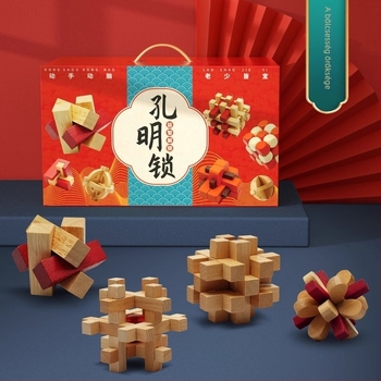 Fából készített Kongming/Luban zár-puzzle készlet, testreszabható a vázlatok szerint, 15–35 éveseknek, dobozba csomagolva