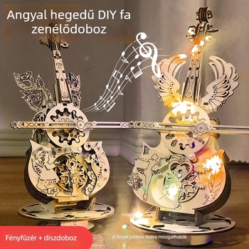 Fából készült puzzle zenélő doboz cselló és hegedű motívumokkal – DIY kézzel összeállítható, gravírozott