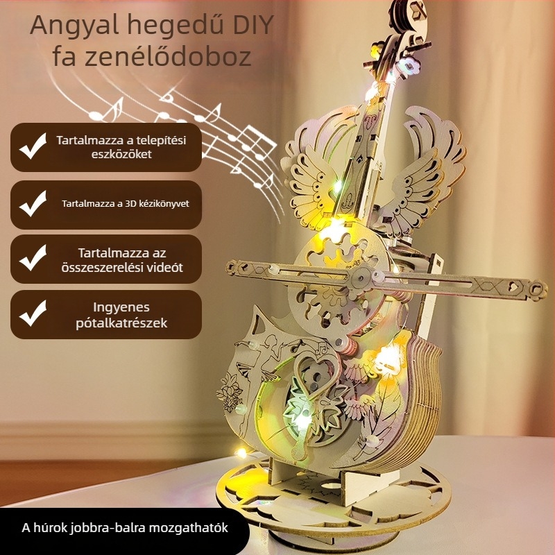 Fából készült puzzle zenélő doboz cselló és hegedű motívumokkal – DIY kézzel összeállítható, gravírozott