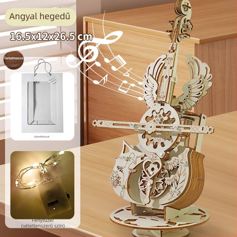 Fából készült puzzle zenélő doboz cselló és hegedű motívumokkal – DIY kézzel összeállítható, gravírozott