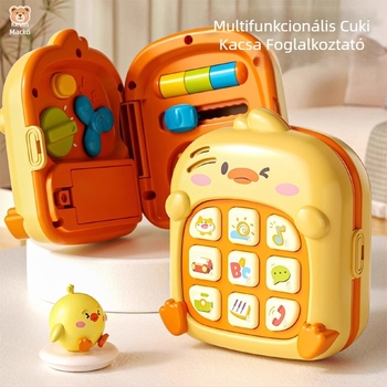 Összecsukható fejlesztő táblázat telefon és rajzfilmszerű kacsafigura – zene és hang funkció, műanyag kivitel, elemes tápegység, 4–6 éves korosztály számára
