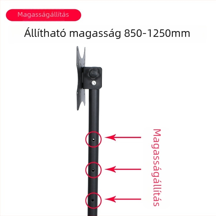 Padlón álló, mozgatható monitor/TV állvány, modell 0037B1, vasból készült tartó, mechanikus vezérlés, falra szerelhető opció nélkül