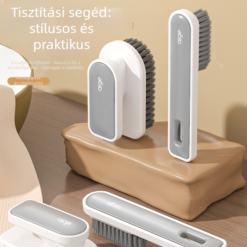 Agger cipőtisztító kefe hosszú nyéllel, puha sörtéjű, műanyag test, többfunkciós cipők és ruhák tisztítására