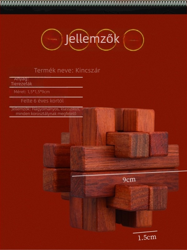 Fából készült Kongming/Luban Lock logikai puzzle oktatási célú fejlesztéshez; 7–14 éveseknek megfelelő; Anyag: fa; Funkció: puzzle fejlesztés; Kategória: Kongming/Luban Lock; Csomagolás: műanyag.