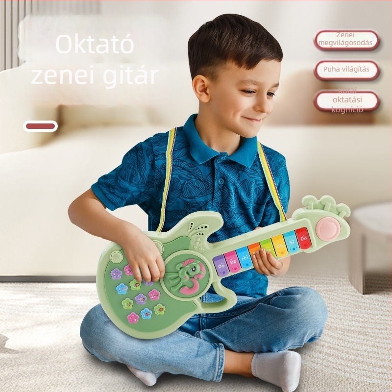 Gyerekeknek szóló multifunkcionális zenélő gitár-történetgép — elektromos, műanyagból, elemmel működik, 0–3 éveseknek