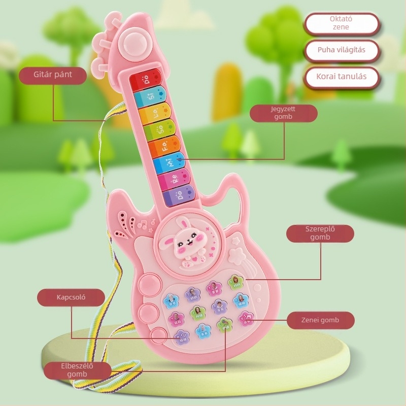 Gyerekeknek szóló multifunkcionális zenélő gitár-történetgép — elektromos, műanyagból, elemmel működik, 0–3 éveseknek