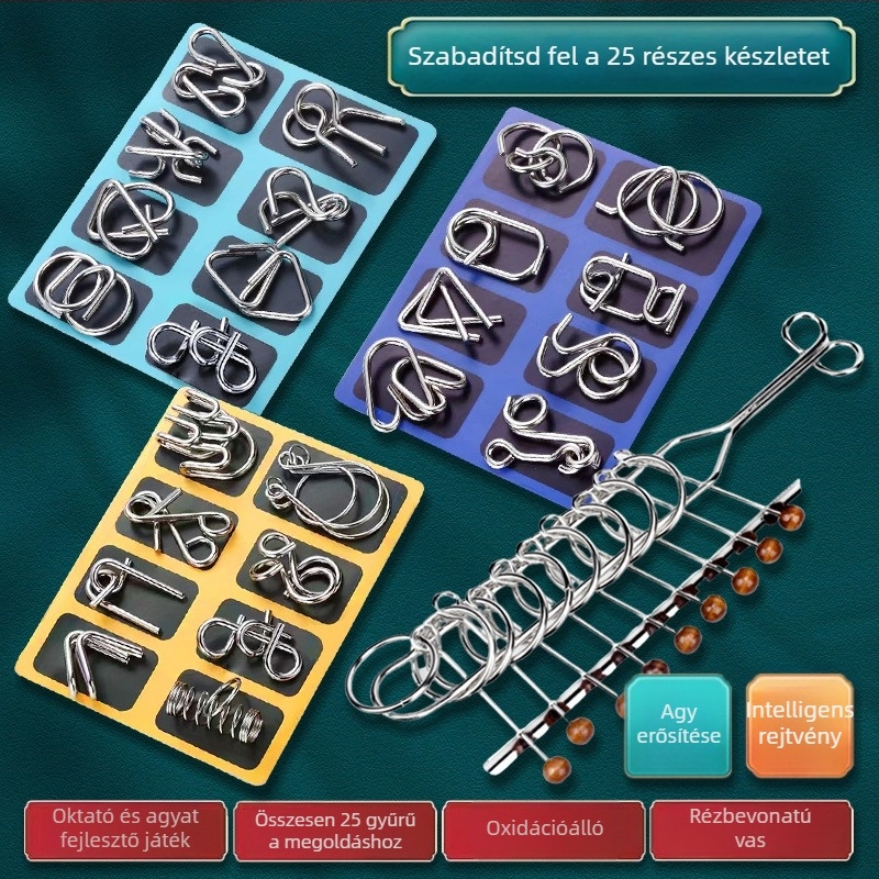 Fém Kongming Lock / Luban Lock kirakós gyűrű, 7–14 éveseknek, ötvözet konstrukció, blisteres csomagolás, DIY-kompatibilis