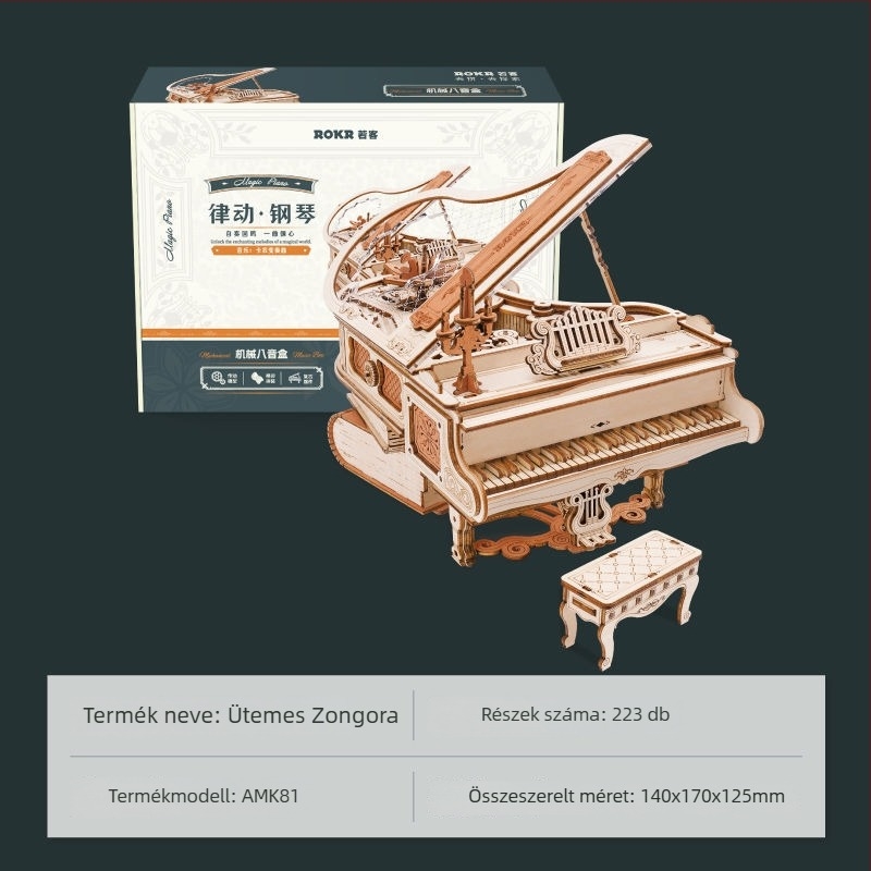 Fából készült zenélő doboz karussell, minimalist stílus, összeállítható építőblokkok