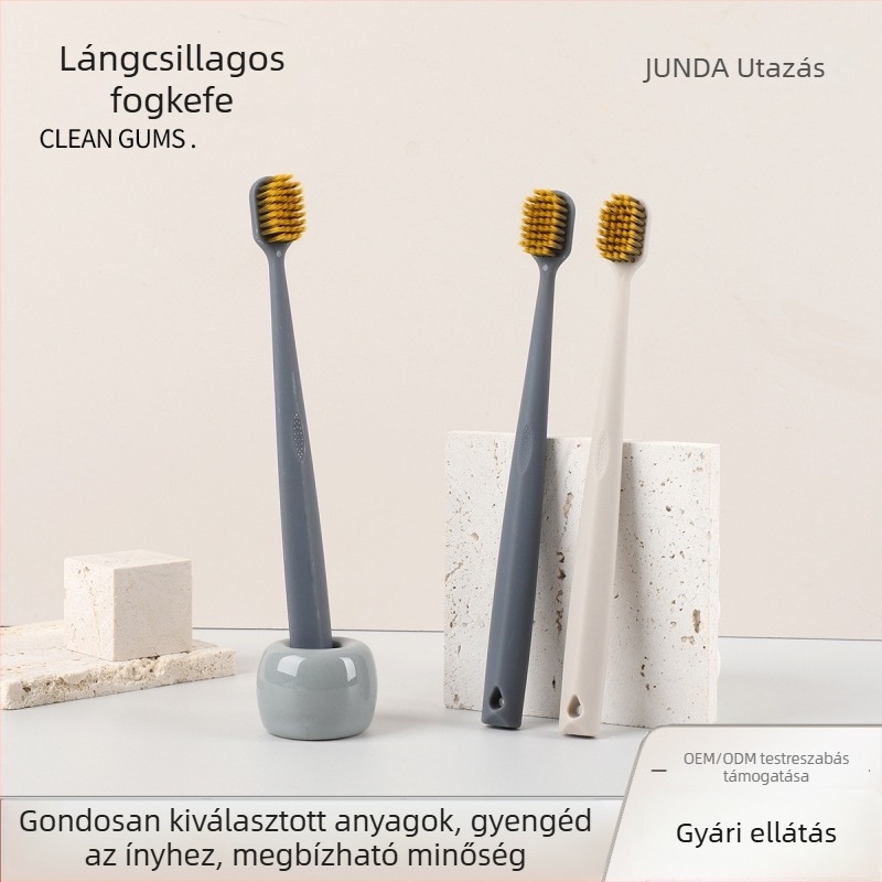 Egyszer használatos fogkefe, magas sűrűségű, széles fejű, láng alakú puha sörtékkel, egyenként csomagolva