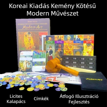 Modern Art társasjáték: aukcióalapú üzleti parti stratégia fából és papírból készült összetevőkkel; fejleszti a látást, az érzékeket és a szülő–gyermek kommunikációt; 7–14, 15–35, 36–60 és 61+ éveseknek.