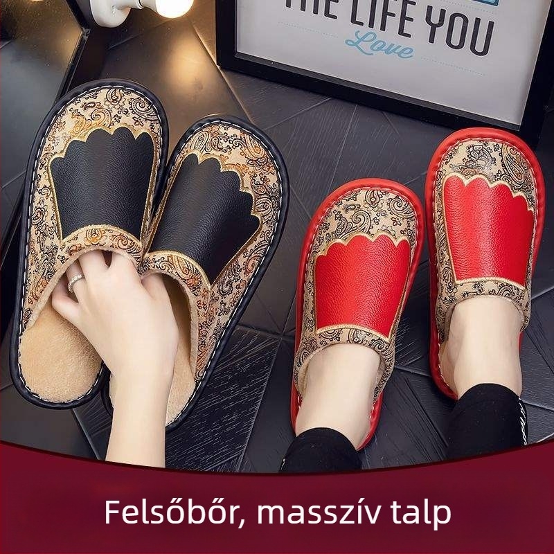 Uniszex bőr papucs belső használatra, csúszásmentes vulkanizált talppal, gyapjú bélés, lapos sarok, talp vastagsága 0-3 cm