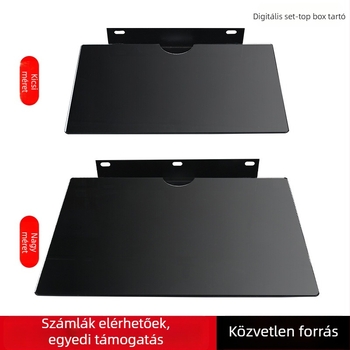 Falihoz szerelhető polc set-top boxhoz, routerhez és projektorhoz — acél+üveg, 1 szint, egyszerű modern stílus, rejtett csavaros szerelés