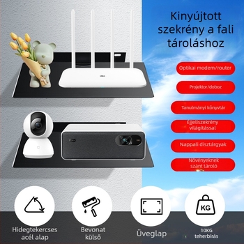 Falihoz szerelhető polc set-top boxhoz, routerhez és projektorhoz — acél+üveg, 1 szint, egyszerű modern stílus, rejtett csavaros szerelés