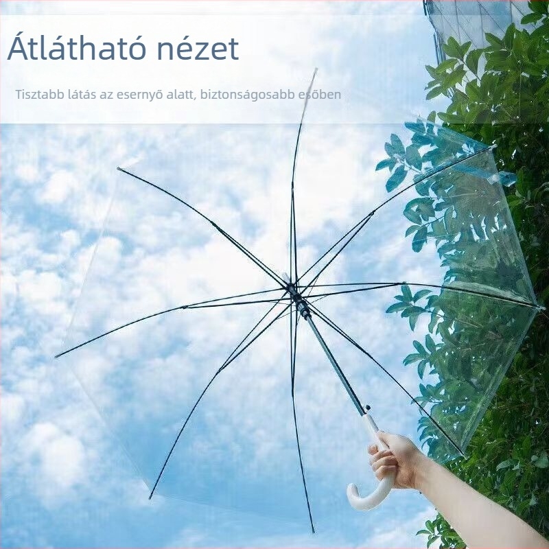 Átlátszó hosszú nyeletű esernyő, kézi nyitás és zárás, 8 szénszálas bordázat, műanyag ponyva.