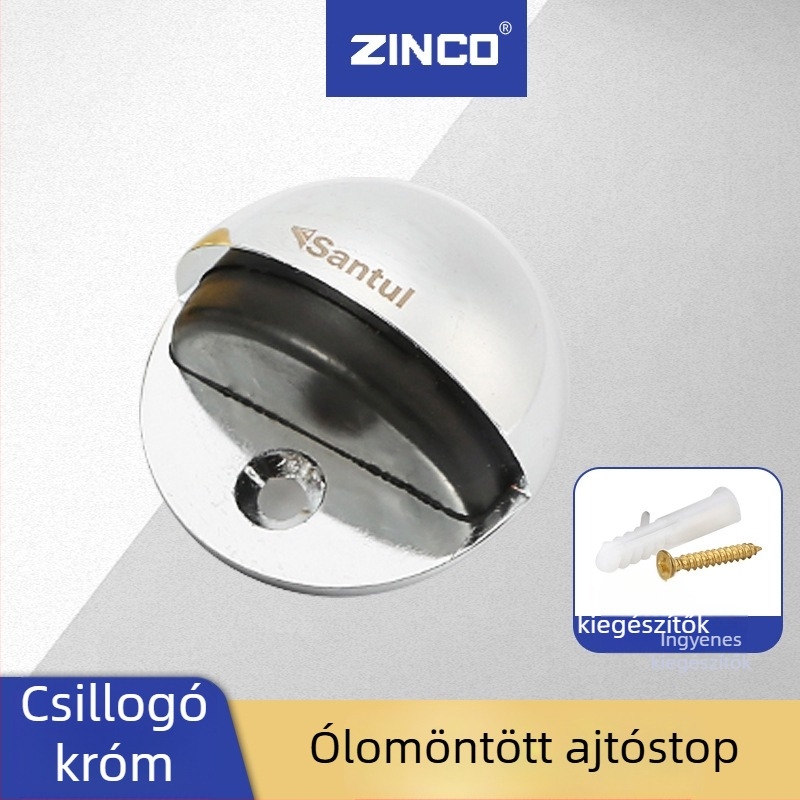 Zinkötvözet ajtóstop, hangtalan működés, ütésálló, vastagított fürdőszobai modell, félkör alakú teknőforma, padlóra szerelve, elektroplakált felület