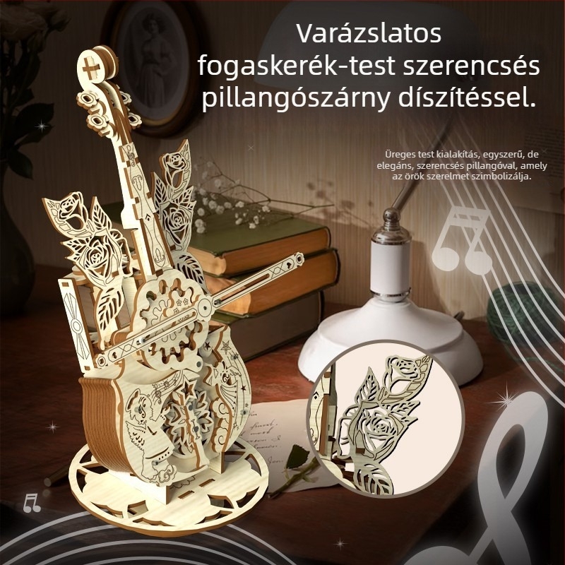 Fából készült építőelemekből álló zenélő doboz, kézzel összerakható cselló formában, DIY játék lányoknak