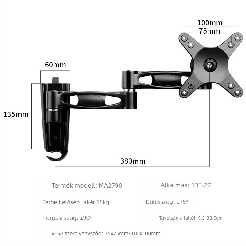 Monitor falra szerelhető kar emelés és teleszkópos kinyúlás, 360°-os forgatás, 17–32 hüvelykes kijelzőkhöz, modell WM18, anyag: cold tie steel, tömeg: 3 kg