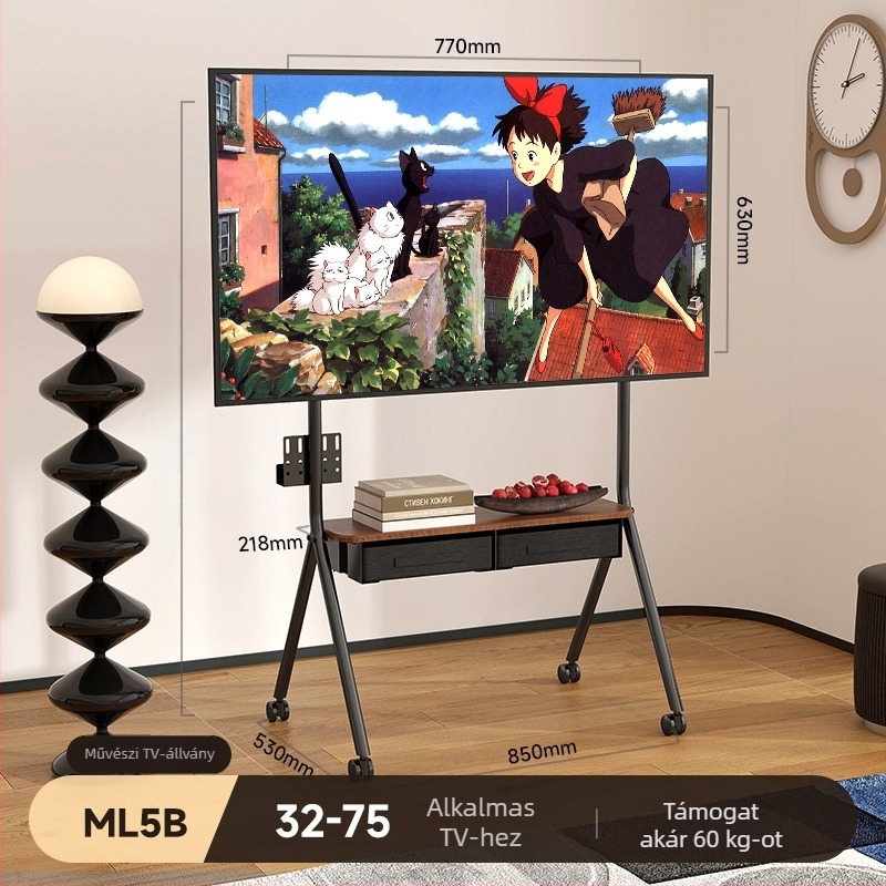Mobil TV-kocsi tárolóval és fiókkal — hidegen hengerelt acélból, modell Ml5b, 13 kg, márka Zhi ercheng, kompatibilis Smart TV-vel