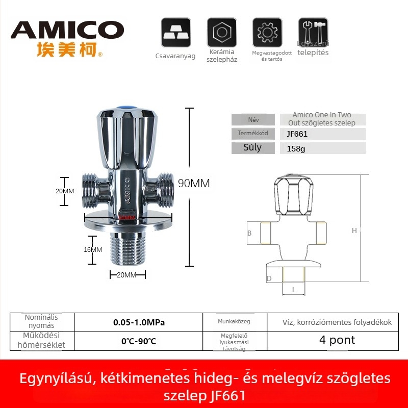 Amico sárgaréz háromutas szögletes szelep, 1 bemenet, 2 kimenet, kézi működtetés, szögletes típus, modell JF661