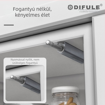 Szekrény- és ruhásszekrény ajtó automatikus nyitó mechanizmus, nyomó típusú, rejtett nyitás mágneses zárással, modell W079, anyag: alumínium ötvözet + POM, alkalmazás: szekrények és tűzvédelmi ajtók, stílus: modern minimalizmus