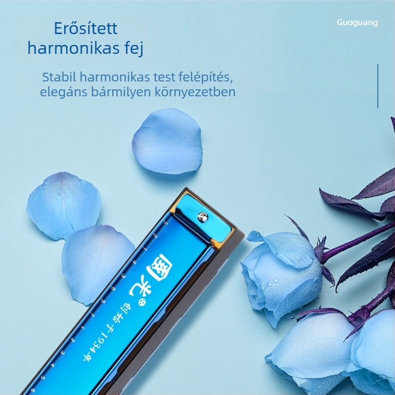 C-kulcsú, 24‑lyukas polifonikus harmonika, emlékmodell; krómozott réz fedél; hangnyílások gyantából.