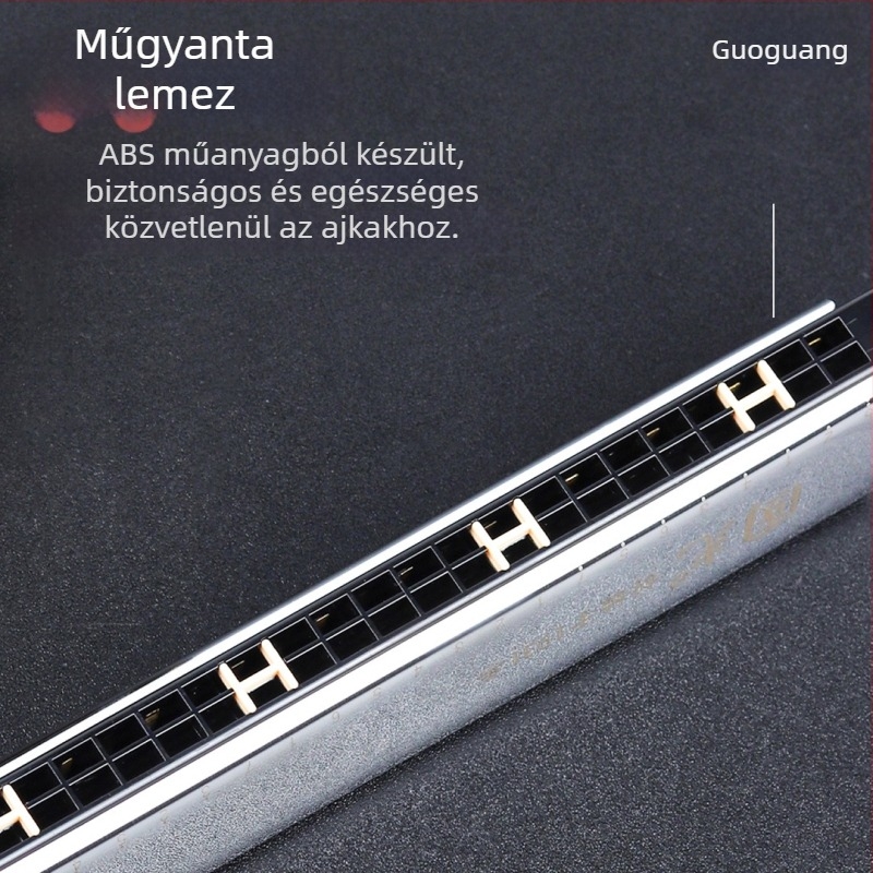 C-kulcsú, 24‑lyukas polifonikus harmonika, emlékmodell; krómozott réz fedél; hangnyílások gyantából.