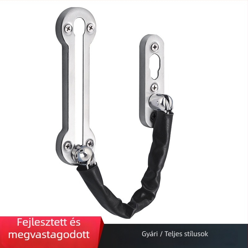 Védőajtó lánc fa ajtókhoz, rozsdamentes acél, snap-on típus, falra szerelhető (Anyag: rozsdamentes acél; Típus: Snap-on; Szerelés: falra; Alkalmazás: fa ajtók)