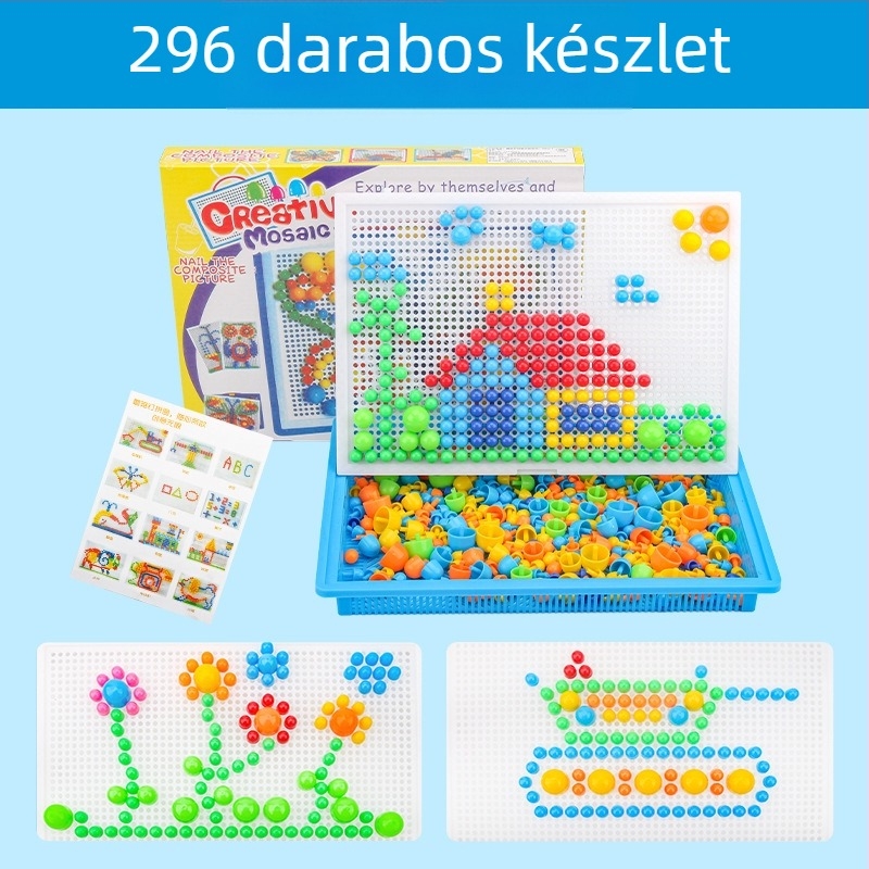 3D puzzle panel gyerekeknek 3–6 év, oktatási építőblokkok gomba csapokkal (MGD-001, műanyag, DIY)