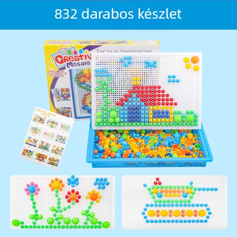 3D puzzle panel gyerekeknek 3–6 év, oktatási építőblokkok gomba csapokkal (MGD-001, műanyag, DIY)