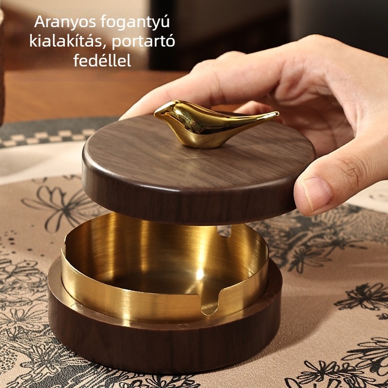 Fedős hamutartó diófából, otthonra és irodába (Anyag: Fém; Logó nyomtatás: Lehetséges; Személyre szabás: Igen; Ajándéknak alkalmas)