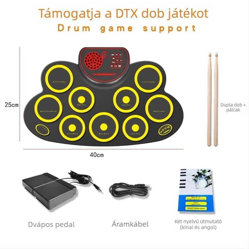 WG621 asztali elektronikus dob beépített hangszóróval, szilikon burkolattal, DTX játék támogatás, 9 dobpad, hangzás 6-10