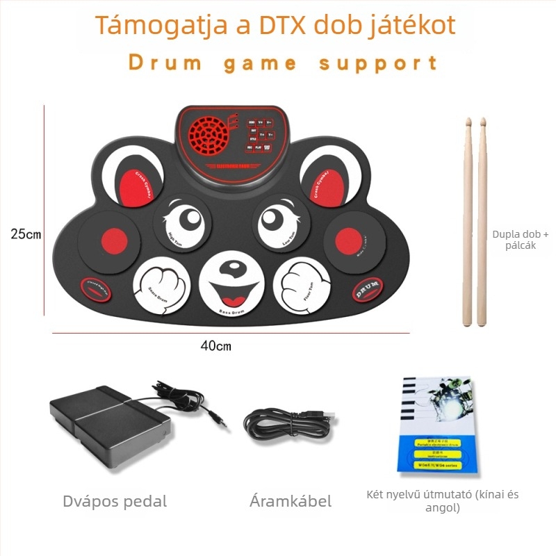 WG621 asztali elektronikus dob beépített hangszóróval, szilikon burkolattal, DTX játék támogatás, 9 dobpad, hangzás 6-10