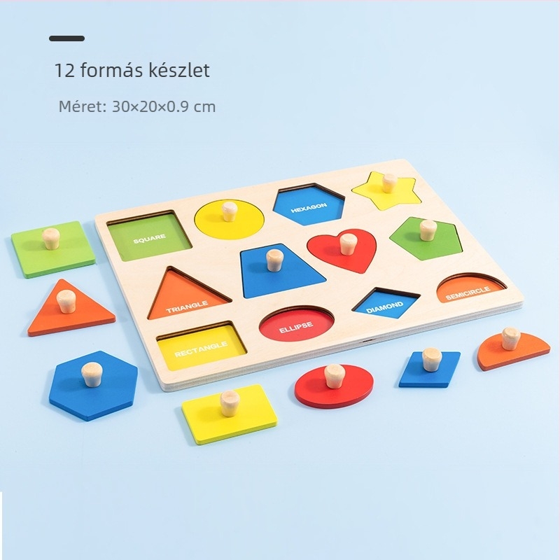 Fából készült Montessori formakereső panel – kézbefogós puzzle, 0–3 éveseknek, márka mywj, mintavételi testreszabás