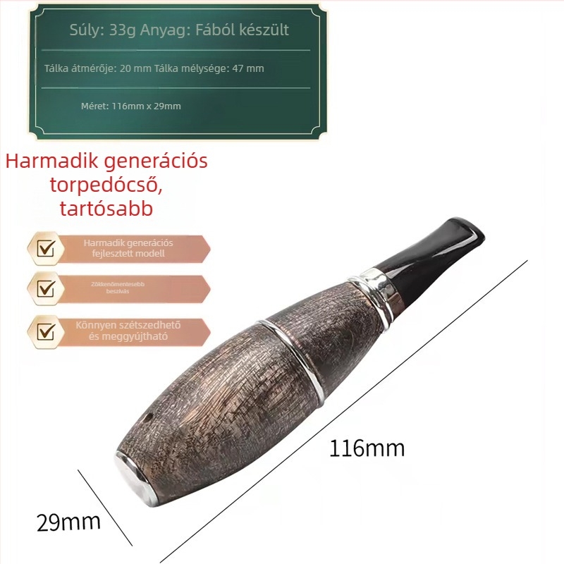 Torpedo alakú pipa 9 mm aktív szén szűrővel, könnyű, hordozható tömörfa testtel
