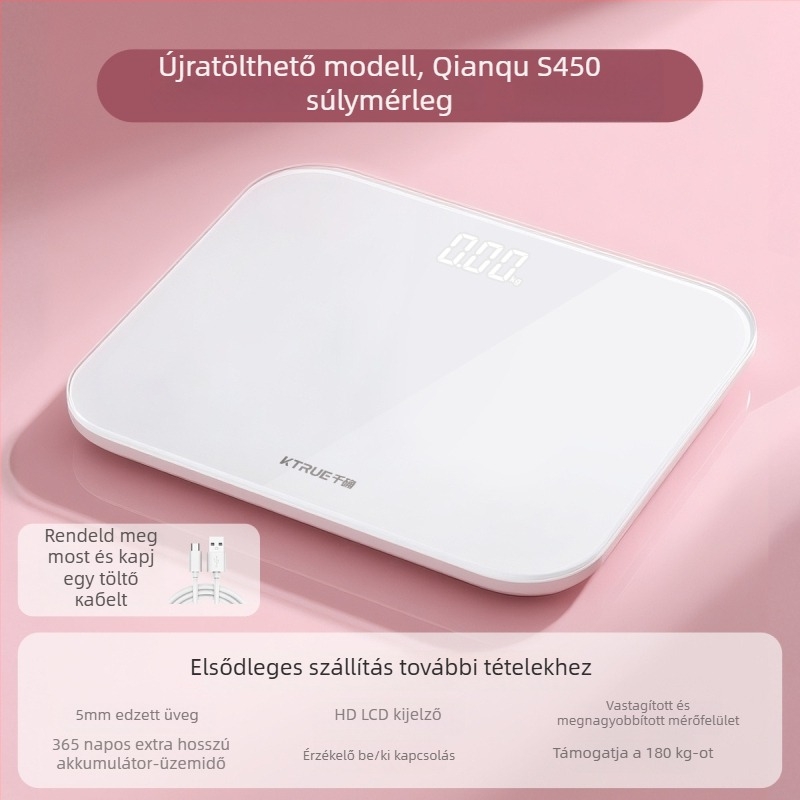 Thousand Sure S450 Digitális testzsírs mérleg, 0,5–180 kg tartomány, edzett üveg, LCD kijelző, újratölthető elem