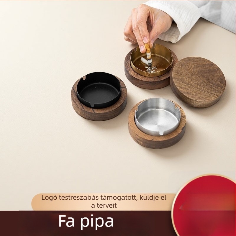 Fából készült kör alakú hamutál fedéllel, otthonra és irodába, skandináv/bohém stílus