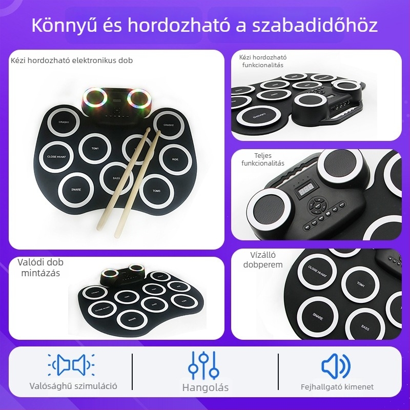 Hordozható elektronikus dobkészlet kézzel görgethető dizájnnal, modell 6009, 9 dob, hangzás 128, polifónia 32