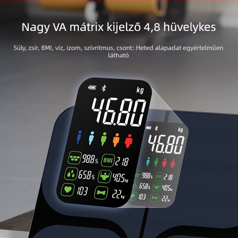 Okos testzsírmérő Bluetooth csatlakozással, méri a testsúlyt, zsírt, nedvességet és kalóriákat, 180 kg kapacitás