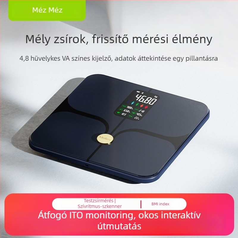 Okos testzsírmérő Bluetooth csatlakozással, méri a testsúlyt, zsírt, nedvességet és kalóriákat, 180 kg kapacitás