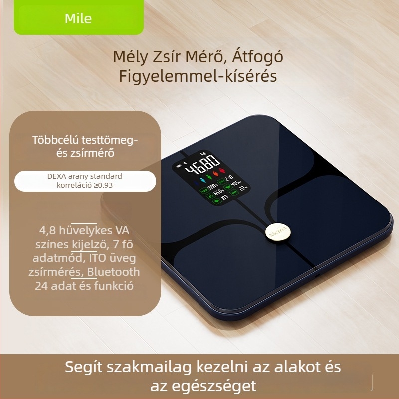 Okos testzsírmérő Bluetooth csatlakozással, méri a testsúlyt, zsírt, nedvességet és kalóriákat, 180 kg kapacitás