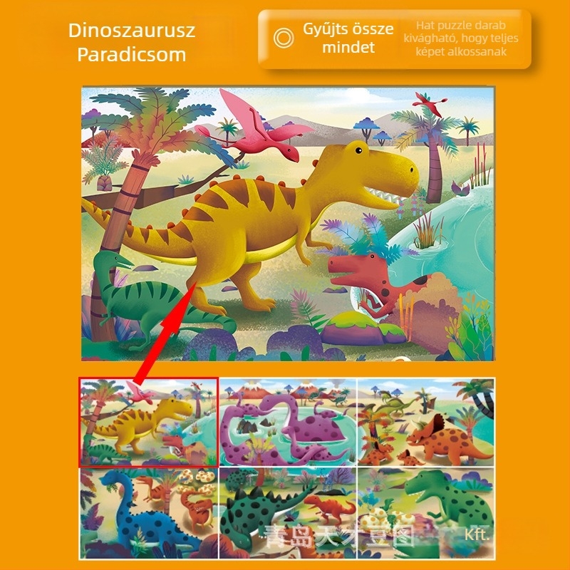Papírból készült sík puzzle gyerekeknek, 4–6 éveseknek, dinoszaurusz témájú oktatási készlet hálós zacskóban