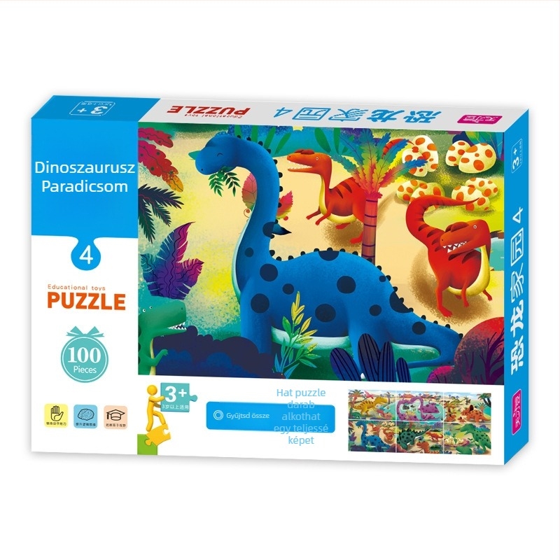 Papírból készült sík puzzle gyerekeknek, 4–6 éveseknek, dinoszaurusz témájú oktatási készlet hálós zacskóban