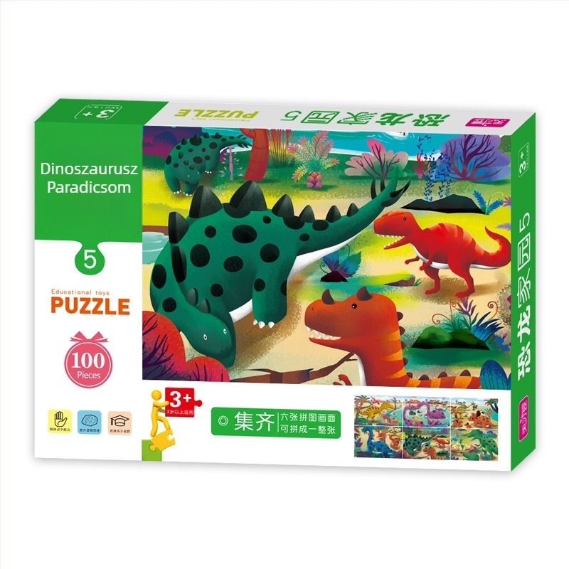 Papírból készült sík puzzle gyerekeknek, 4–6 éveseknek, dinoszaurusz témájú oktatási készlet hálós zacskóban